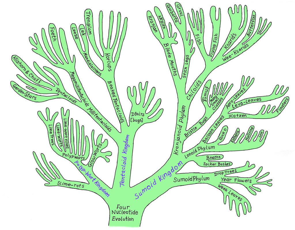 Four nucleotide evolutionary tree with links to the macroscopic kingdoms