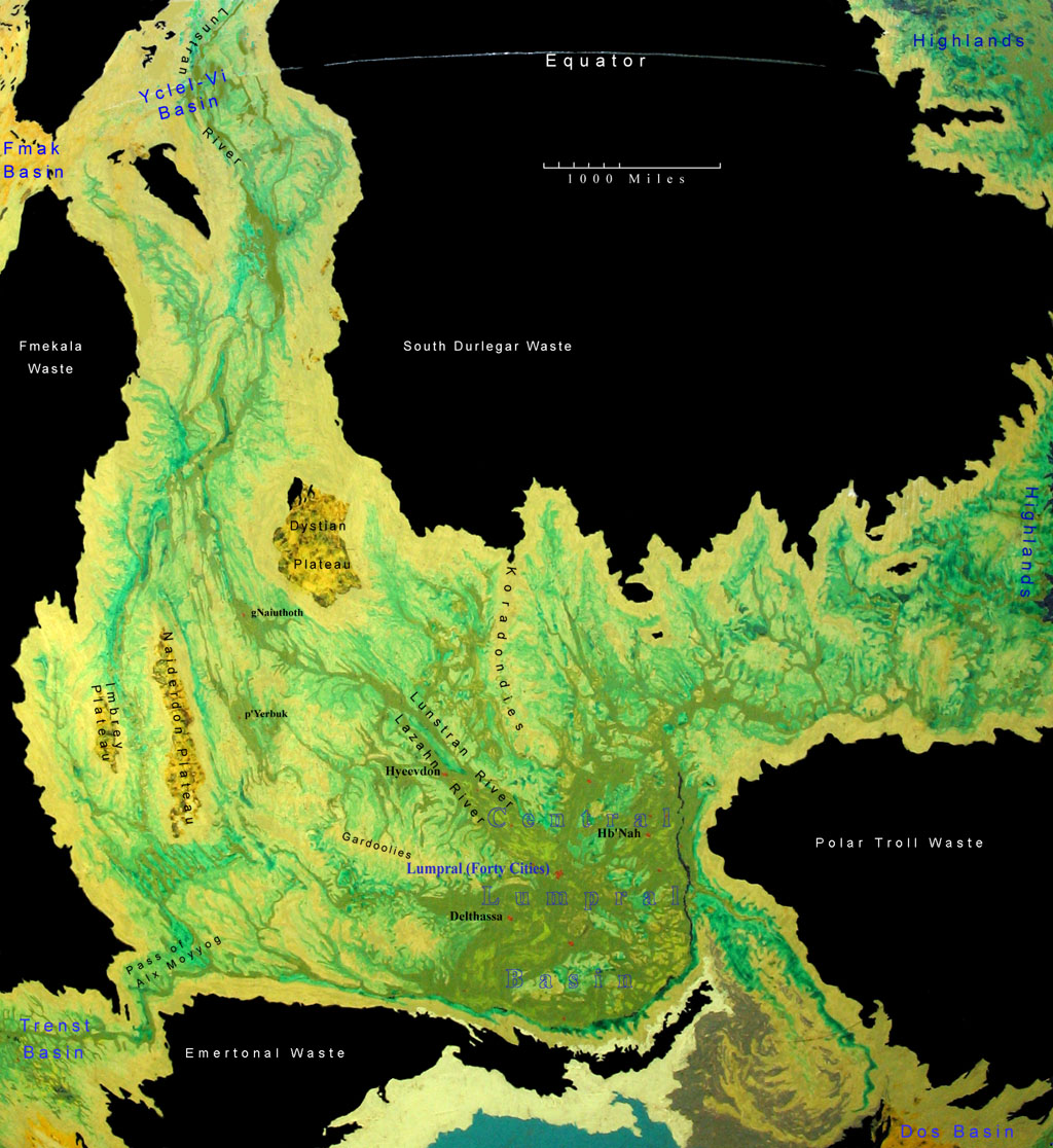 Map of the Lumpral basin of the planet Kassidor with links to neighboring lands