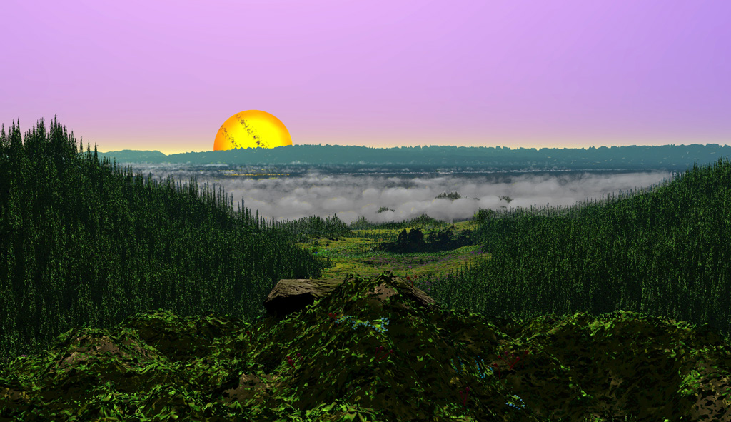 View of sunrise over the Central Wescarp Valley on the planet Kassidor